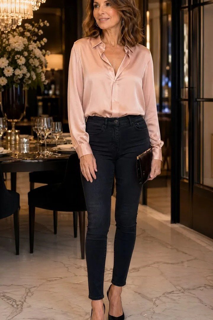 blush satin blouse, black skinny jeans, evening dinner