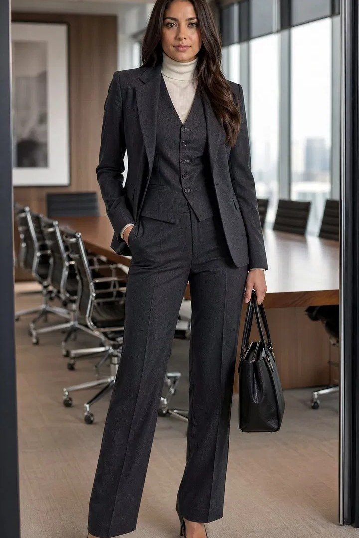 charcoal gray suit, office