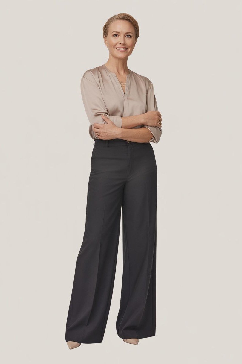 beige blouse, dark wide-leg trousers, studio