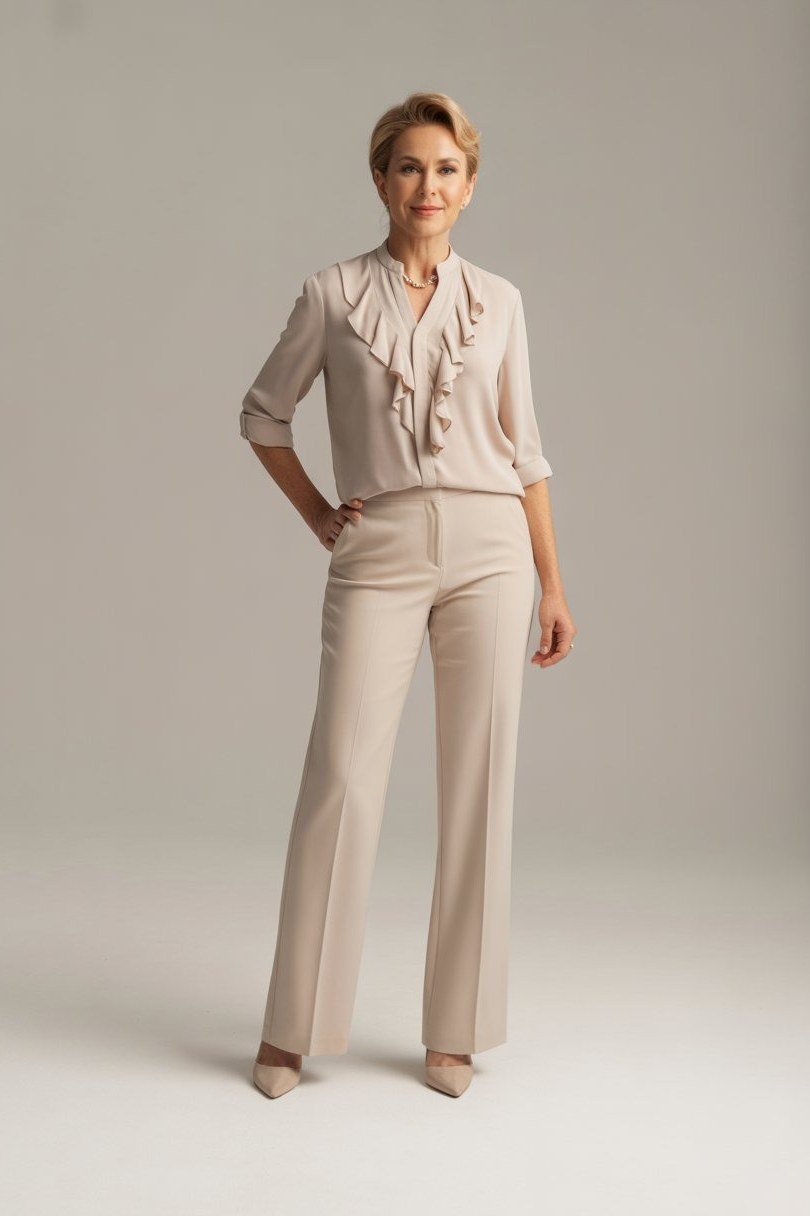 beige blouse, beige trousers, studio