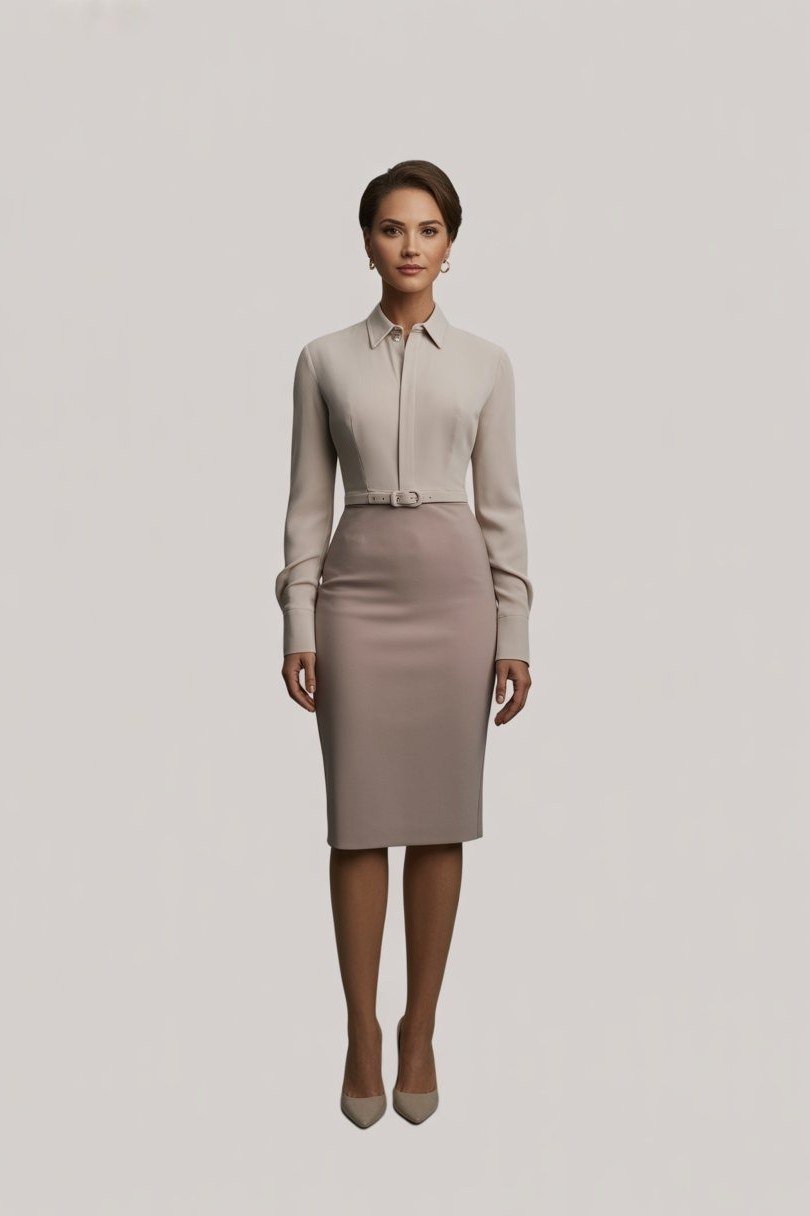 taupe shirt, taupe pencil skirt, studio
