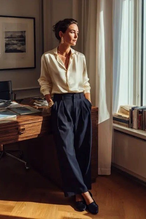 champagne blouse, navy wide-leg pants, office desk