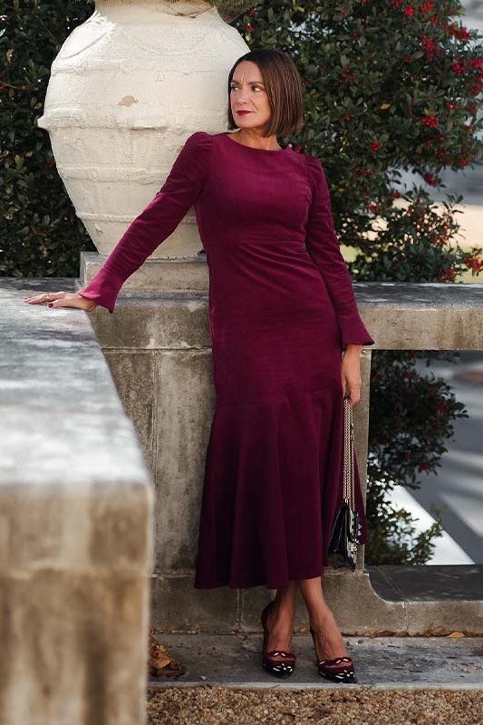 burgundy velvet maxi dress, terrace