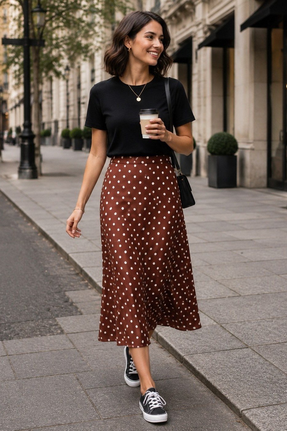 black top, rust polka-dot midi skirt, sneakers, city