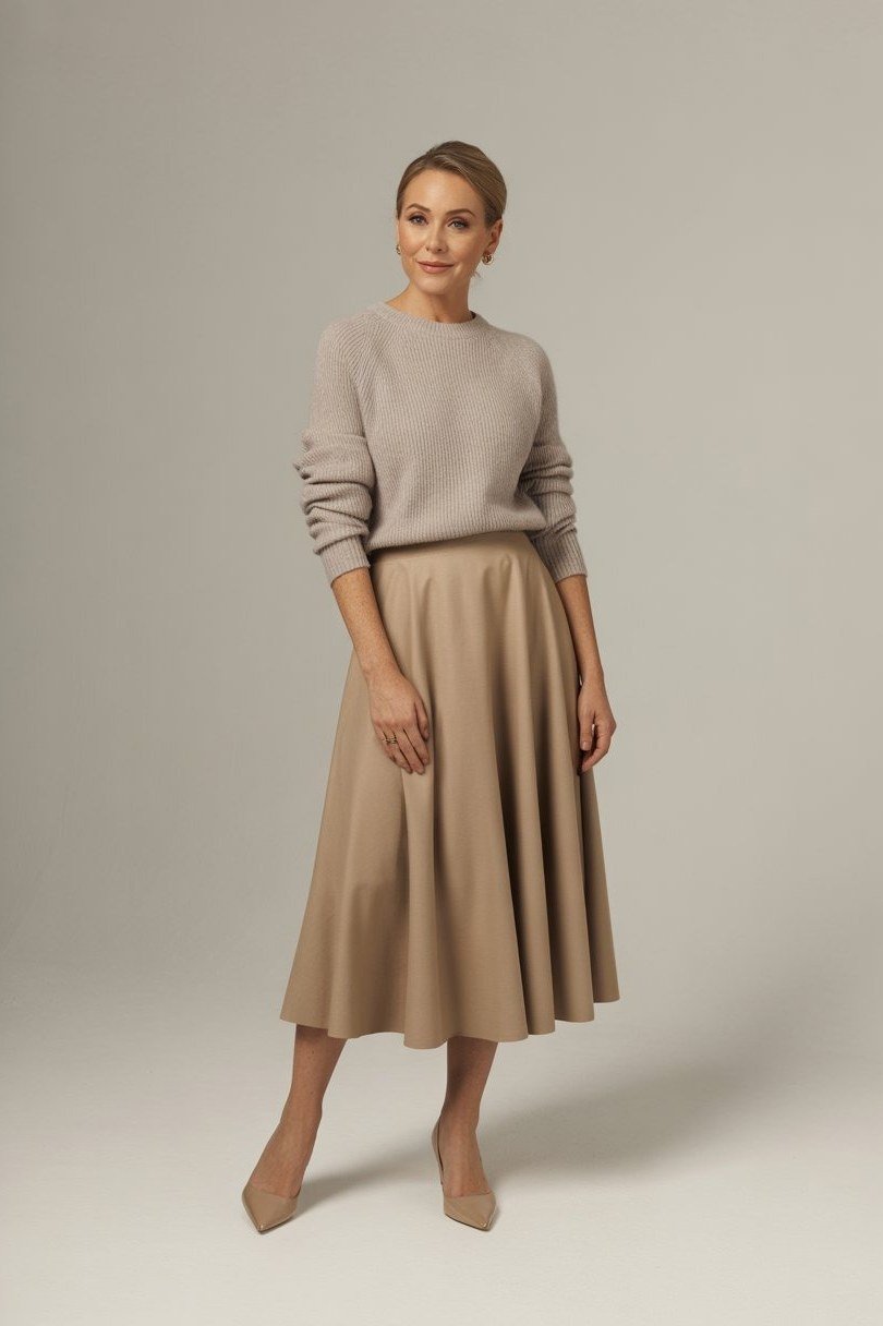 beige sweater, camel pleated midi skirt, studio