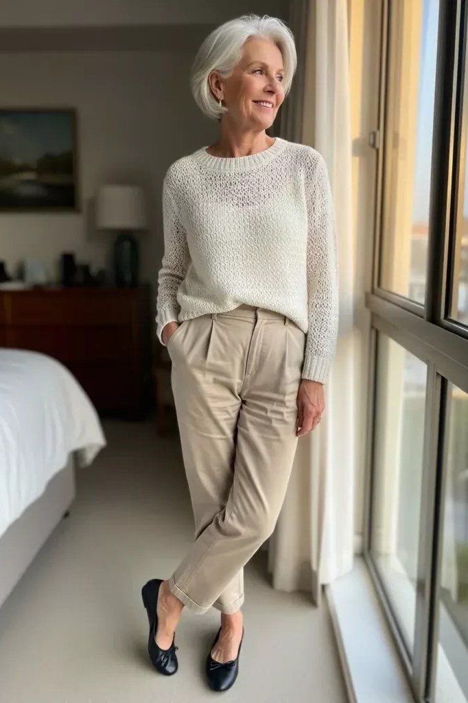 white knit sweater, beige trousers, window light