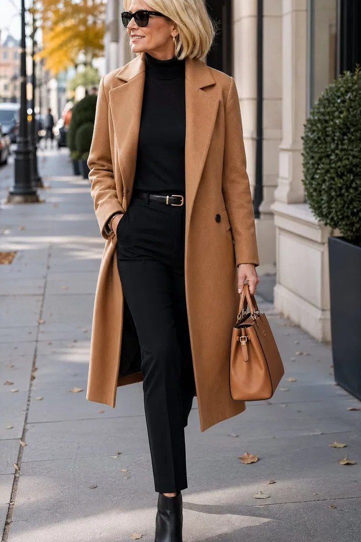 camel coat, black turtleneck, black pants, tan bag
