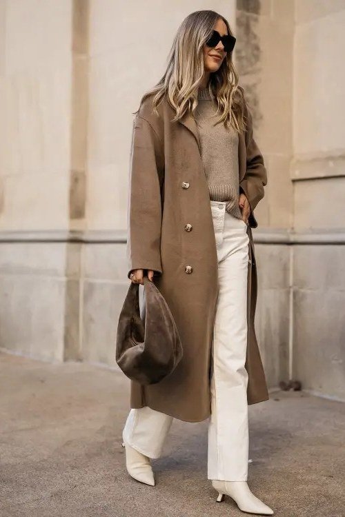 camel coat, white shirt, white wide-leg pants