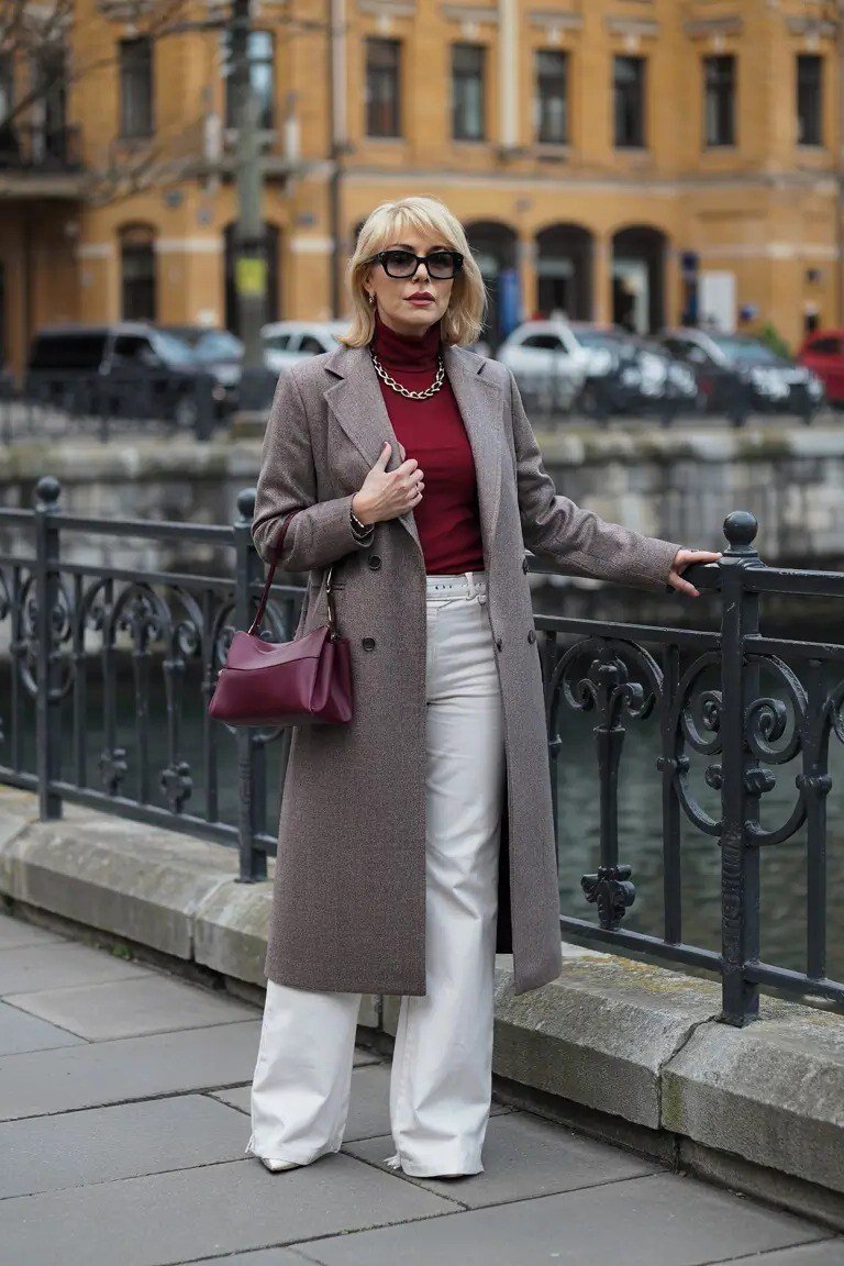 brown coat, burgundy top, white wide-leg pants, riverside