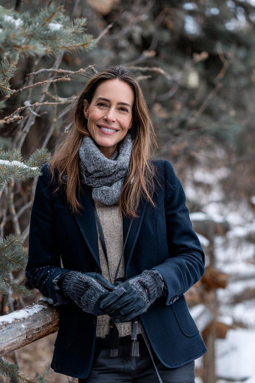 navy winter coat, gray scarf, gloves, snow