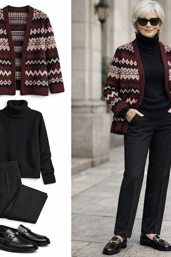 fair isle cardigan, black turtleneck, black pants, loafers