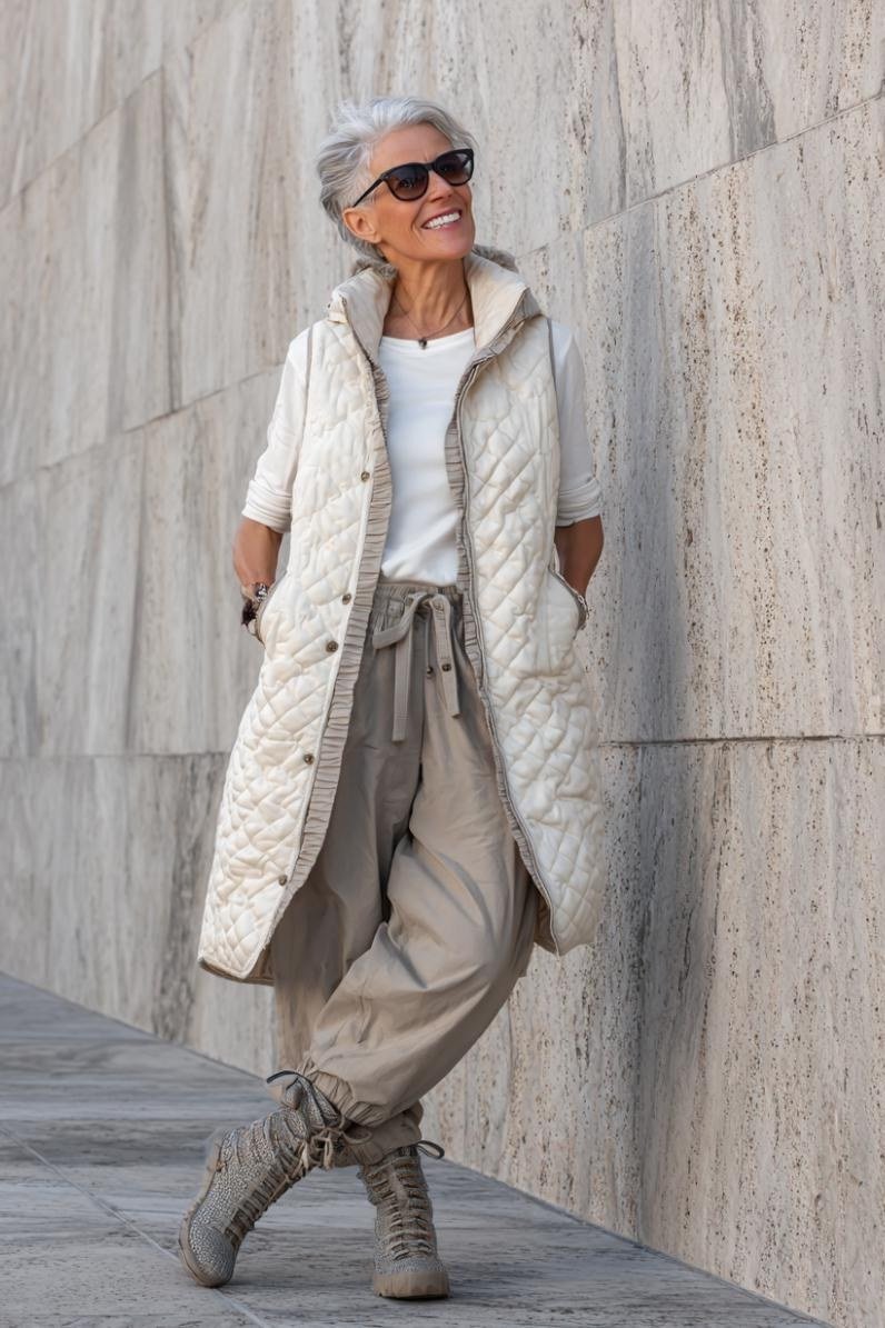 white quilted vest, beige wide-leg pants, lace-up boots