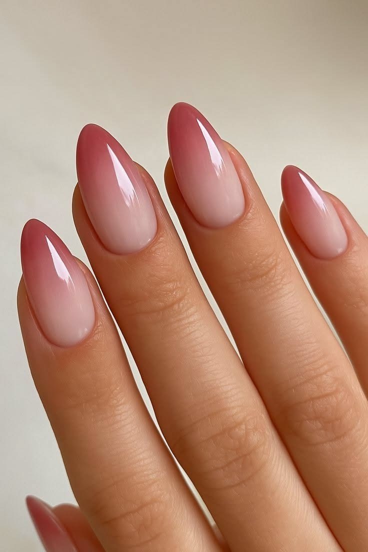 Glossy Dusty Rose Ombre Stiletto Nails for women over 50