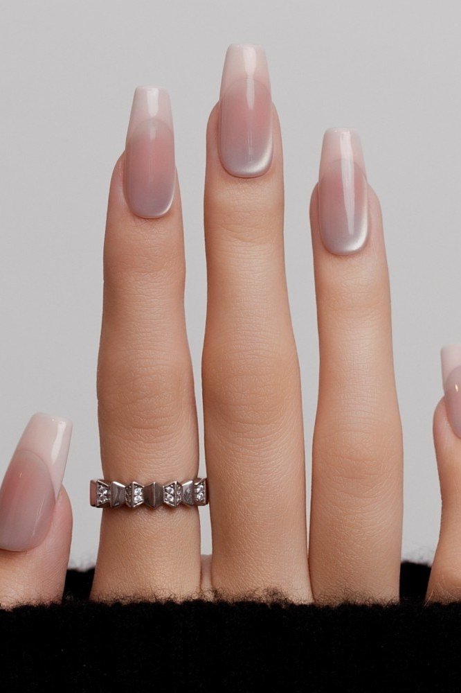 Long Dusty Rose Ombre Nails with a Statement Ring for women over 50