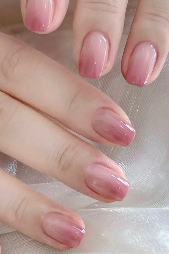 Soft Pink Ombre Short Almond Nails for women over 50