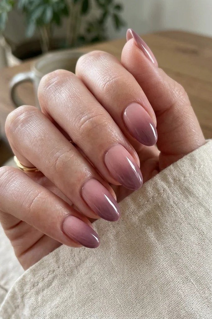 Dusty Rose Almond Nails with a Gold Band for women over 50