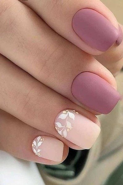 Matte Mauve Nails with White Floral Accents for women over 50