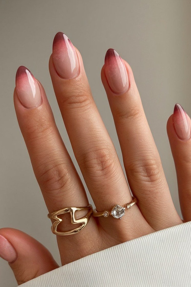 Warm Dusty Rose Ombre Nails with Gold Rings for women over 50