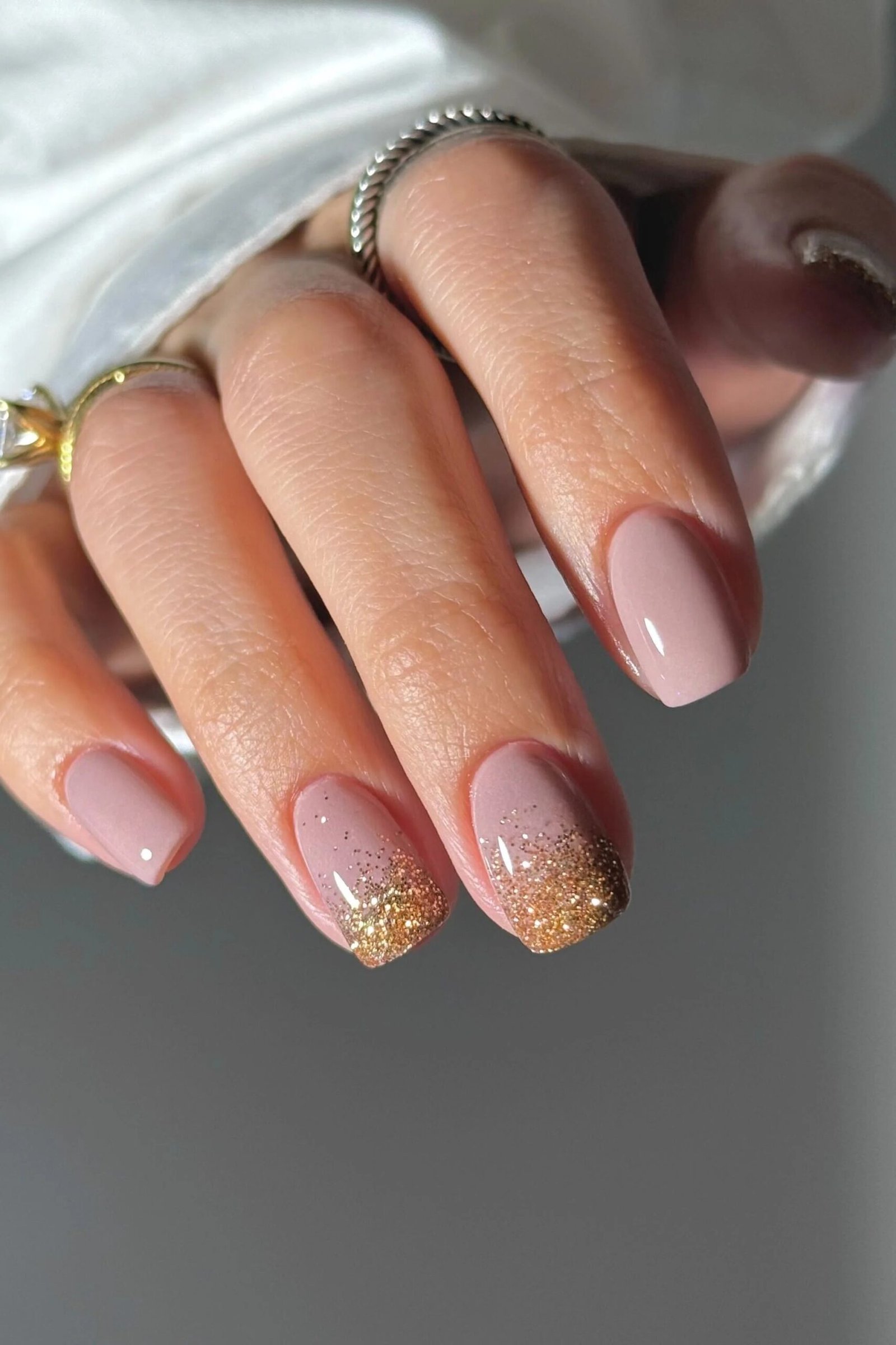 Pale Rose Nails with Gold Glitter Tips for women over 50