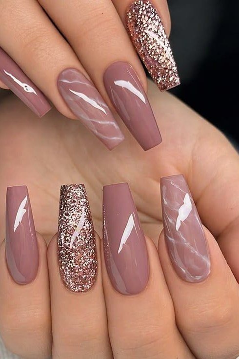 Mauve Coffin Nails with Marble and Glitter for women over 50