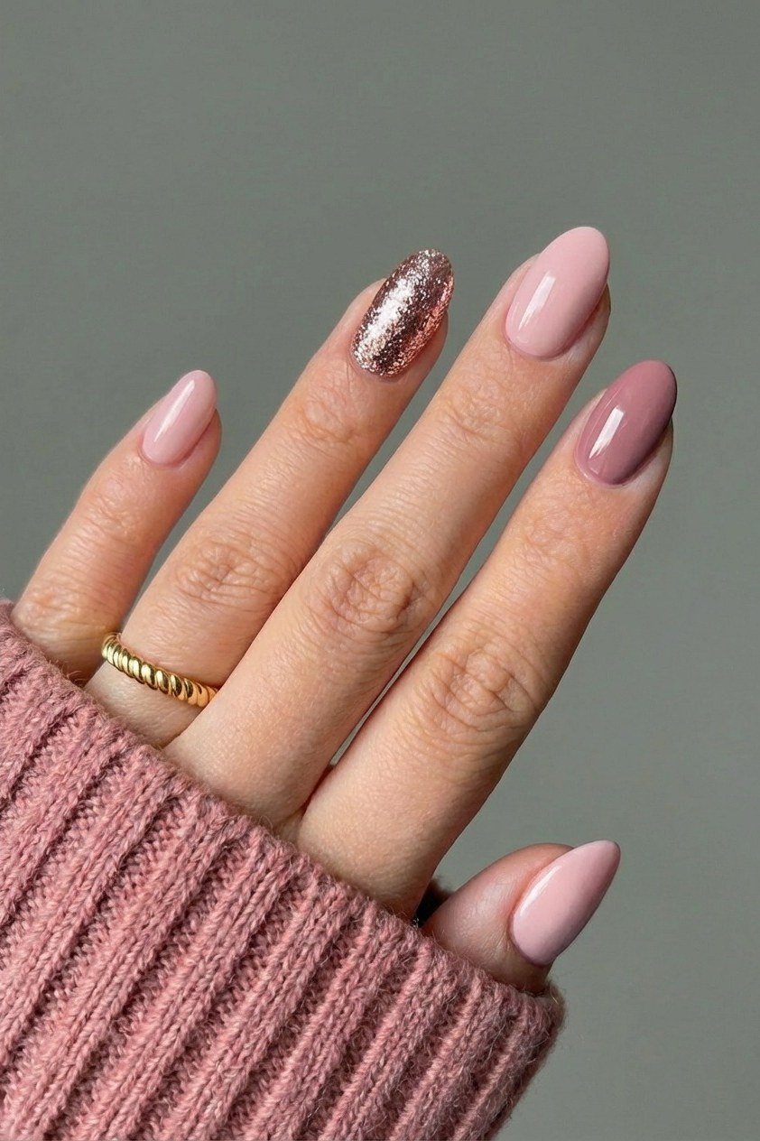Pale Pink Nails with Rose Gold Glitter for women over 50