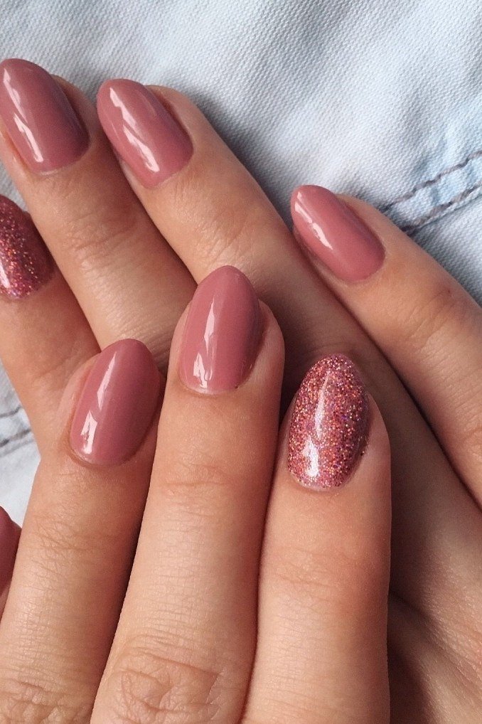Dusty Rose Nails with Rose Gold Glitter Accents for women over 50