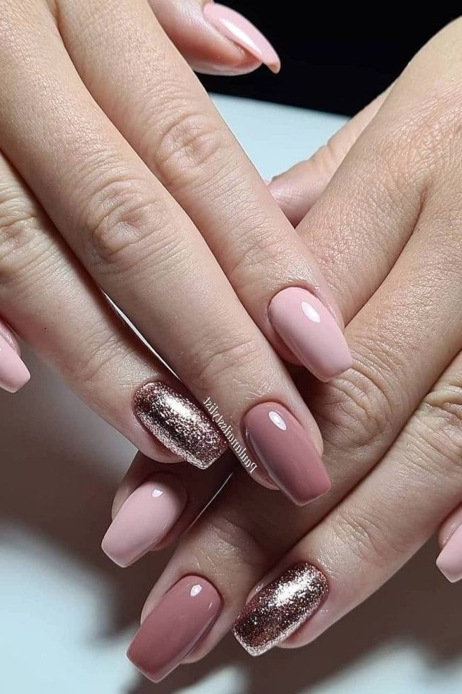 Soft Pink Nails with Dark Rose Glitter for women over 50
