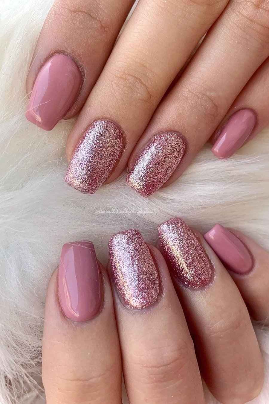 Dusty Rose Nails with a Rose Gold Glitter Fade for women over 50