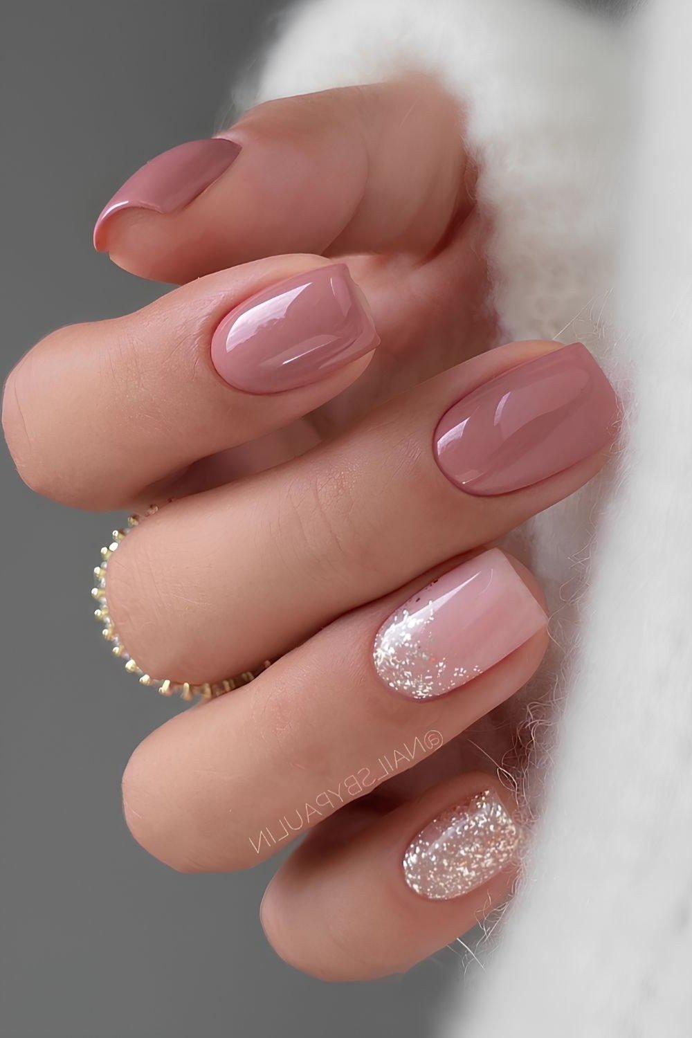 Pale Rose Nails with Silver Glitter Tips for women over 50