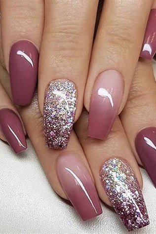 Deep Mauve Nails with Silver Glitter for women over 50