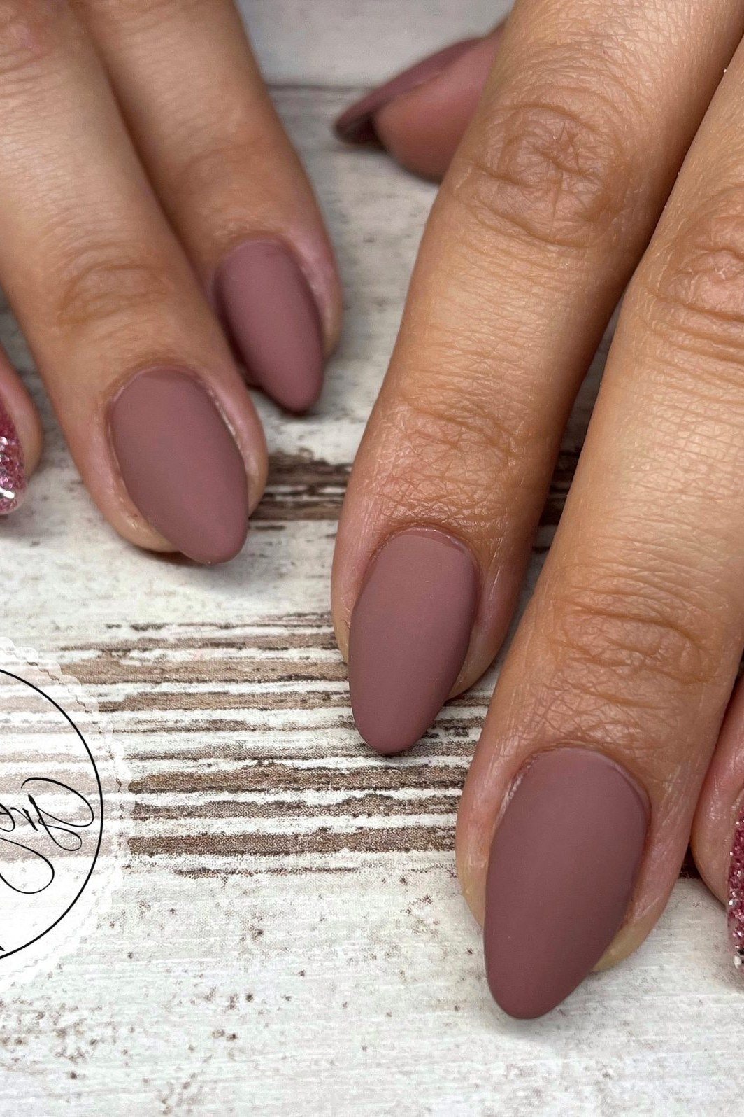 Matte Mauve Nails with Rose Glitter for women over 50