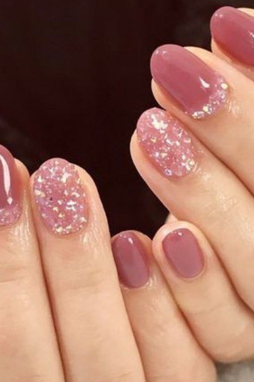 Glossy Dusty Rose Nails with Rose Glitter for women over 50