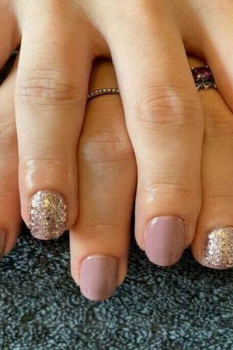 Nude Rose Nails with Gold Glitter Tips for women over 50