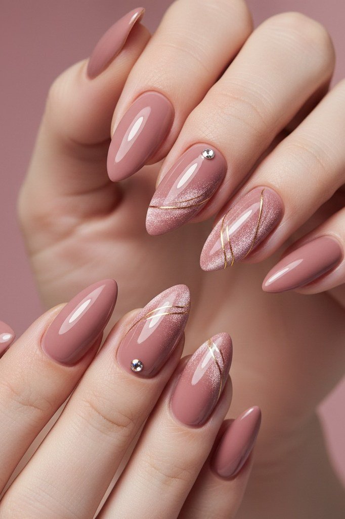 Mauve Stiletto Nails with Marble Line Art for women over 50