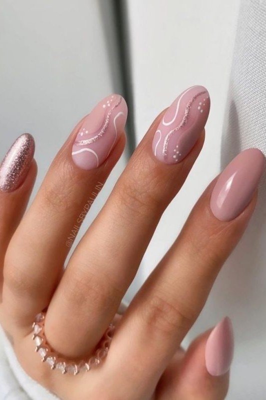Pale Rose Nails with White Swirl Lines for women over 50