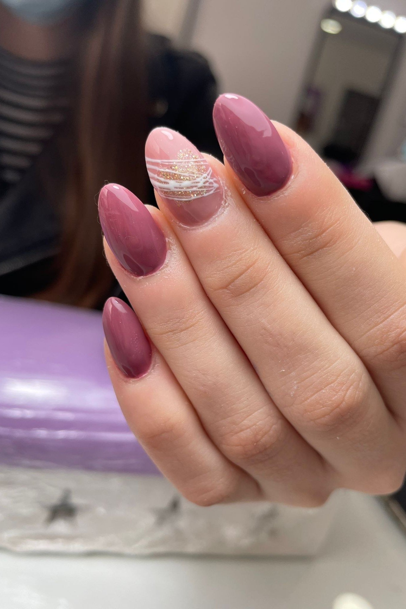 Mauve Nails with a White Lace Accent for women over 50