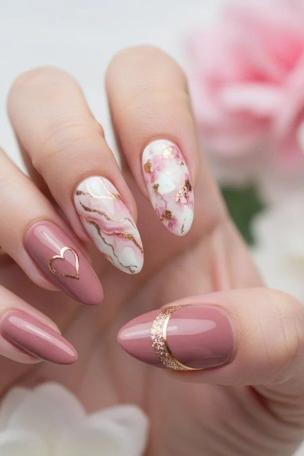 Mauve Nails with Floral Heart Art for women over 50