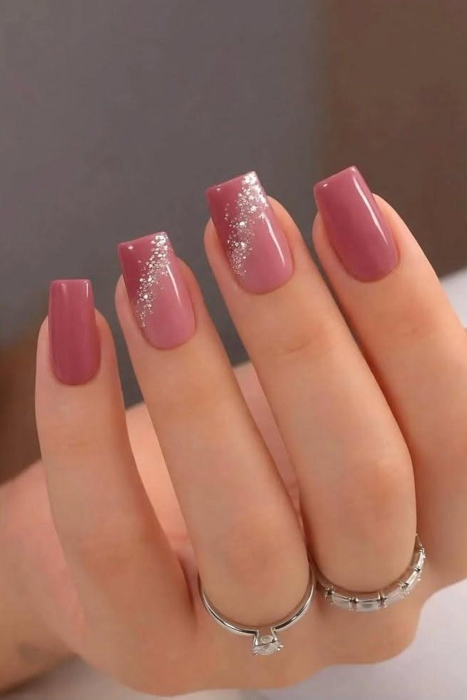 Dusty Rose Square Nails with Glitter and Rings for women over 50