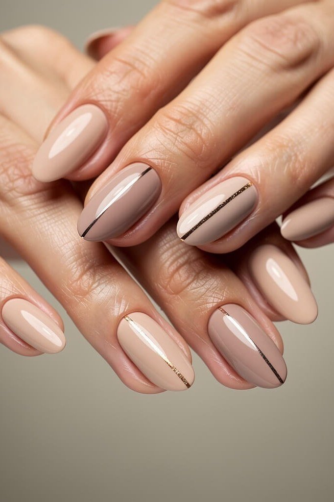 Almond Nude Nails with Minimal Brown Line Art - elegant almond nail idea for women over 60
