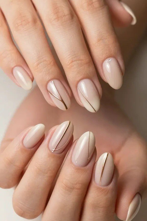 Almond Nude Pink Nails with Delicate Line Detail - elegant almond nail idea for women over 60