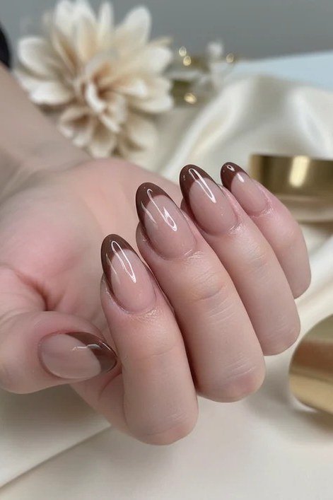 Nude Almond Nails with Chocolate French Tips - elegant almond nail idea for women over 60