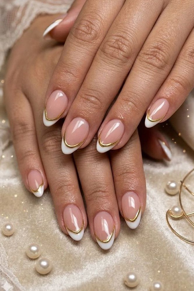 White French Almond Nails with Pearl Styling - elegant almond nail idea for women over 60