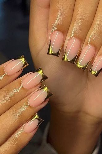 Nude Almond Nails with Gold and Black Tips - elegant almond nail idea for women over 60