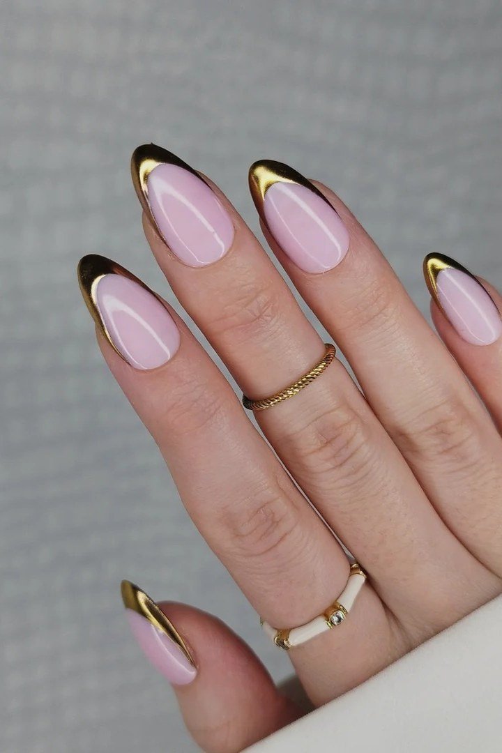 Pink Almond Nails with Black and Gold Tips - elegant almond nail idea for women over 60