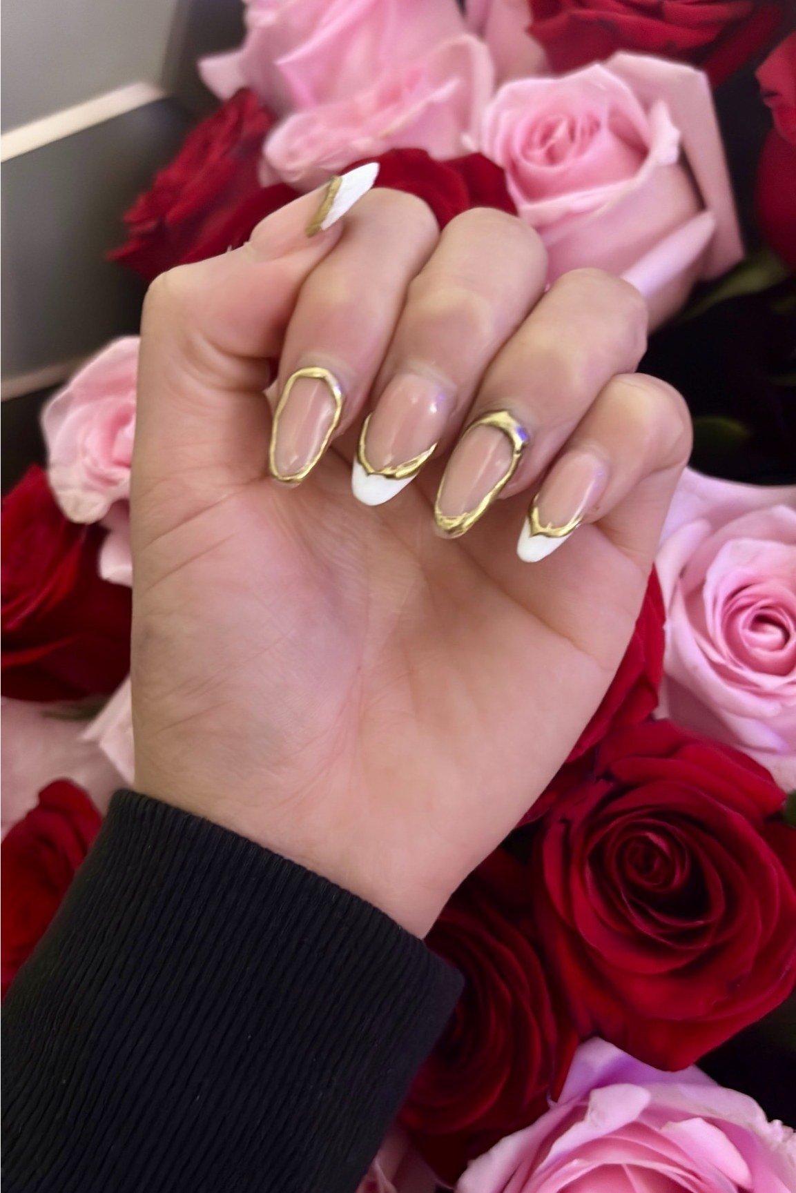 Nude Almond Nails with Gold Swirls - elegant almond nail idea for women over 60