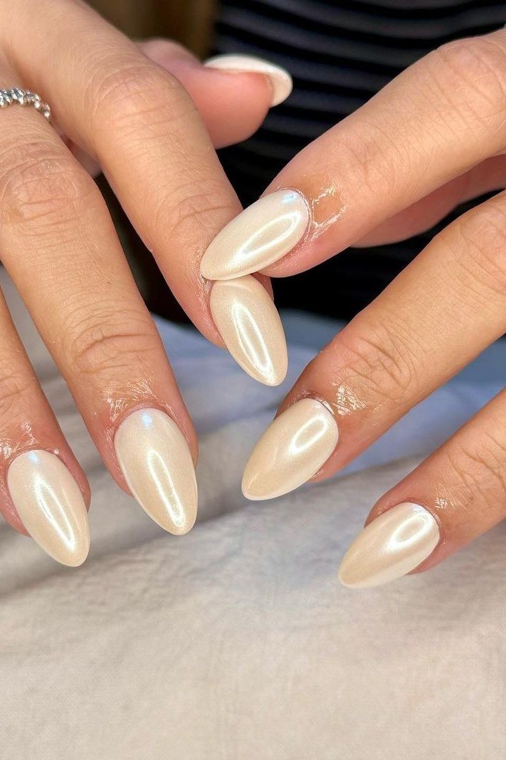 Pearl Champagne Almond Nails - elegant almond nail idea for women over 60