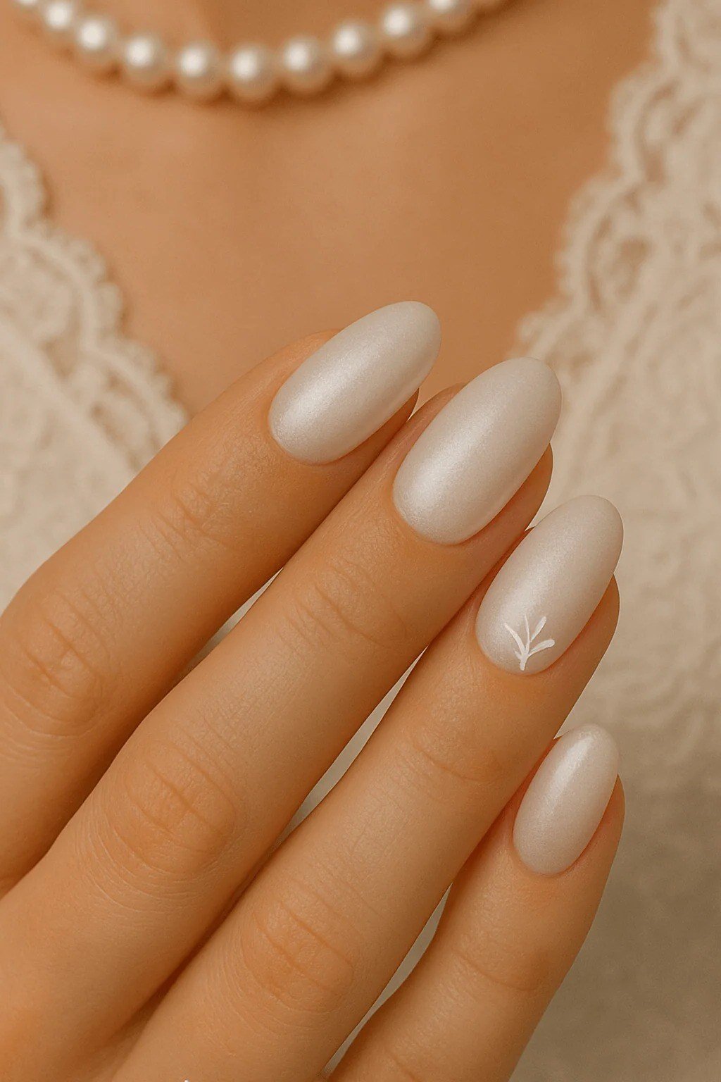Pearl White Almond Nails with Pearl Necklace Styling - elegant almond nail idea for women over 60