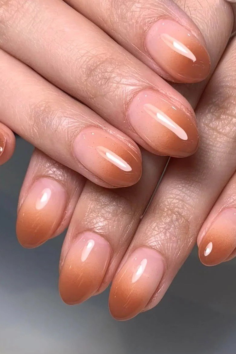 Almond Peach Ombre Glossy Nails - elegant almond nail idea for women over 60