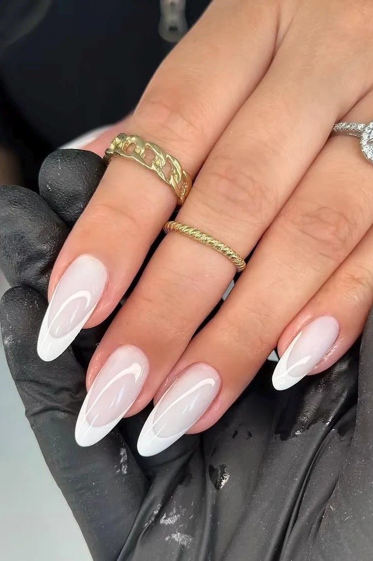 White Almond Nails with Rings - elegant almond nail idea for women over 60