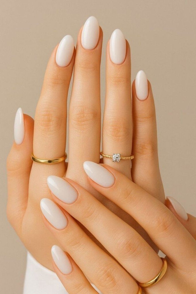 White Almond Nails with Gold Rings - elegant almond nail idea for women over 60